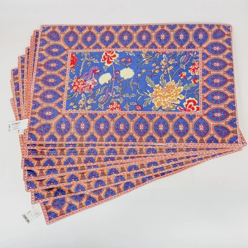 Pier 1 Imports Cotton Veranda Floral Paisley Placemats Blue Orange Set of 8